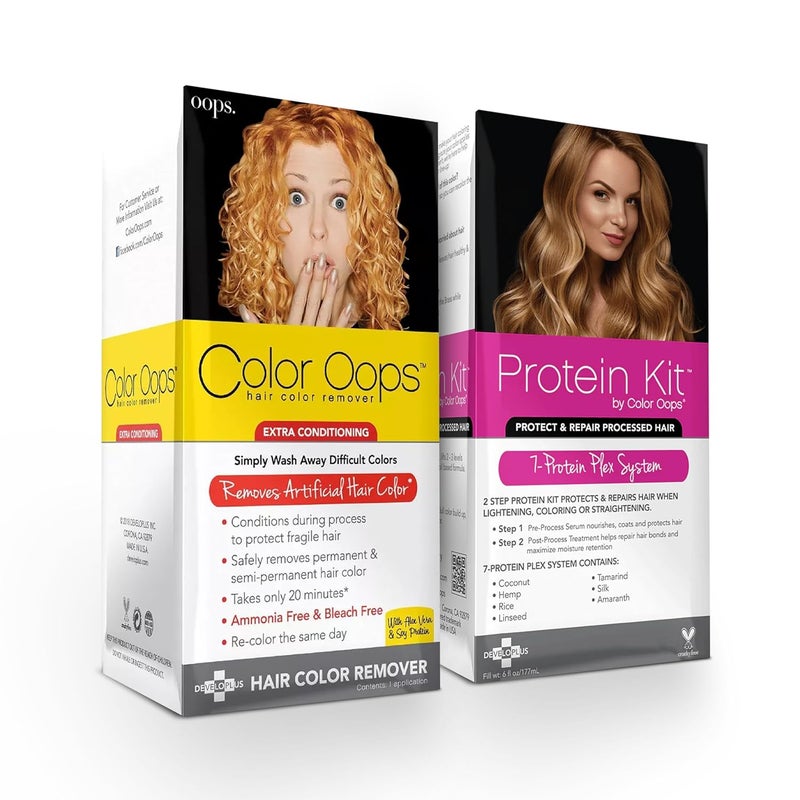 Color Oops Extra Conditioning Hair Color Remover and Protein Kit Bundle, Dye Remover Processes in 20 Minutes, Safely Removes Permanent & Semi-Permanent Dye, Protect & Repair Hair - Image 1